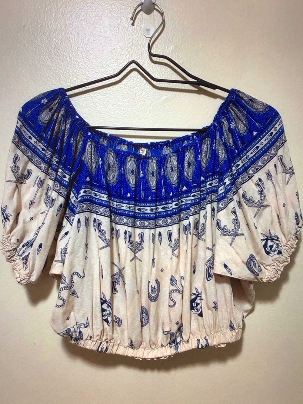 Spell Blue and Cream Off-Shoulder Peasant Blouse